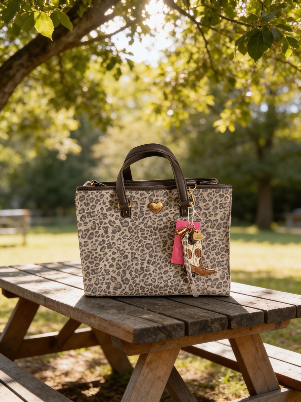 Betsey Johnson Cowgirl Leopard Print Tote Bag with Brown Trim and Heart Accent
